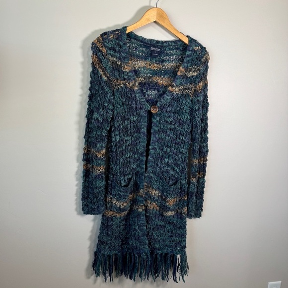 Lucky Brand Sweater Cardigan Women Size Medium Fringe Long Sleeve Boho - Picture 2 of 14